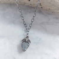 Grey druzy agate heart and skull pendant